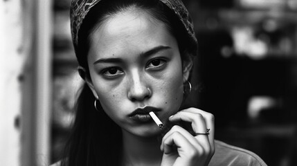 Black and white portrait of a fictitious beautiful edgy asian woman smoking a cigarette AI generative