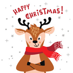Funny cartoon deer and hand written text.Happy Christmas!Colorful card with cute character in red scarf.Child print on fabric and paper.Vector hand drawn illustration isolated on white background