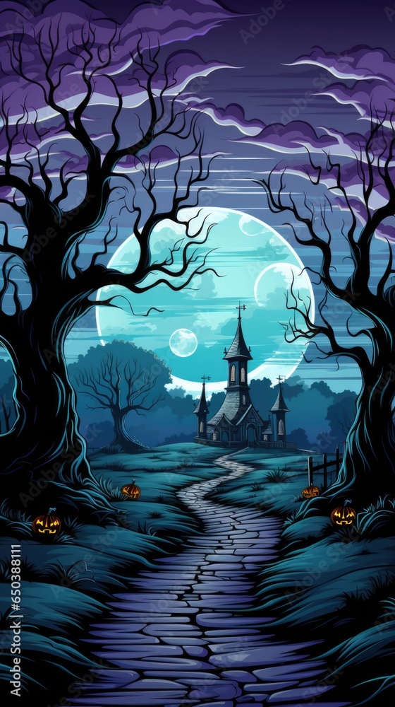 Sticker Halloween landscape with spooky trees and a house, AI