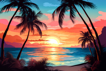 Tropical sunset on the beach with palm trees. illustration