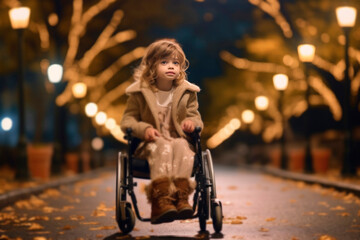 AI generated portrait of candid authentic disabled child girl sad emotion in wheelchair outdoor fall