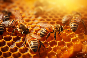 Worker bees work in the hive, honey frame background