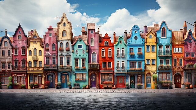  a row of colorful buildings with a cloudy sky in the background.  generative ai