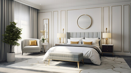 habitación de lujo con cama, cojines, espejo, alfombra con decoración clásica en tonos blancos y grises