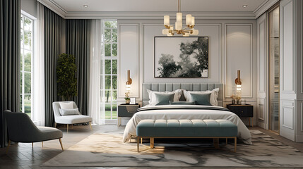 habitación de lujo con cama, cojines, cuadro, alfombra con decoración clásica y grandes ventanas 