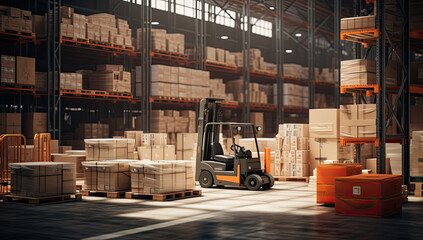 almacén de empresa con estanterías conteniendo paquetes y carretilla elevadora trabajando