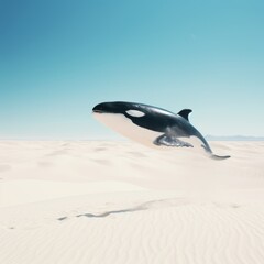 Minimal concept made of kiler whale fly across the desert 