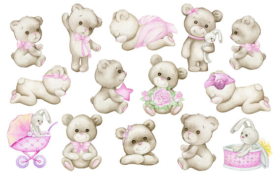 Cute teddy bears, bunny, zebra, pink flowers, stroller.  watercolor set of cliparts in cartoon style, on an isolated background.
