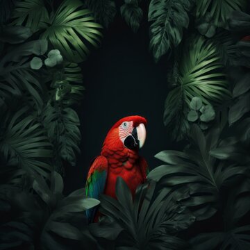 Tropical moody green background made of leaves and red parrot
