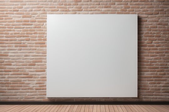 blank modern poster on brick concrete floor with wooden wall. mock up for product display. 3d illustration.blank white poster in a gallery interior with a white brick wall and the floor. mock up, 3d r