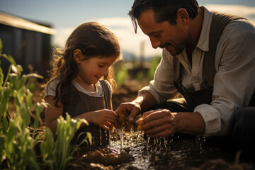 A family harvesting rainwater to irrigate their crops, promoting water conservation. Generative Ai.