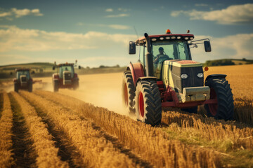 Naklejka premium A busy agricultural scene with farmers operating tractors and harvesting crops in vast fields. Concept of modern farming. Generative Ai.