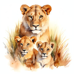 Lion family. Lioness with cubs watercolor illustration on white background. Generative AI
