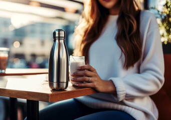 Close-up of female hand, holding reusable steel stainless eco thermo water bottle with mockup,