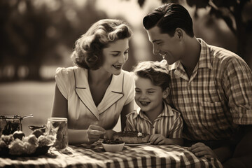 A black and white photograph capturing a 1950s family picnic, complete with a checkered blanket. Concept of vintage family gatherings. Generative Ai. - Powered by Adobe