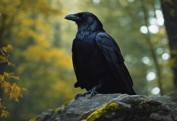 Fototapeta premium AI generated illustration of a black crow perched on a stone in a forest