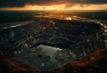 AI generated illustration of an aerial view of an open pit mine in a mountainous landscape - obrazy, fototapety, plakaty