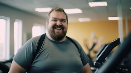 Fototapeta na wymiar Happy overweight man wearing sportswear works out on the treadmill. Smiling male training in the gym. Sport, training, healthy life, calories, health care, diet and weight loss concept.