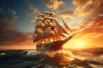 A classic wooden sailing ship, billowing sails against a sunset sky. Concept of vintage maritime...