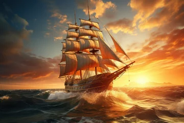 Fototapete Schiff A classic wooden sailing ship, billowing sails against a sunset sky. Concept of vintage maritime adventures. Generative Ai.