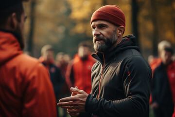 Obraz premium A coach motivating and training athletes on a sports field. Concept of sports coaching. Generative Ai.