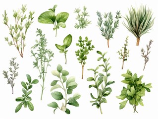 AI generated illustration of a vibrant watercolor of herbs and leaves against a stark white backdrop