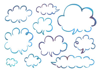 水彩絵の具で描いた水色の手描き吹き出し素材セット