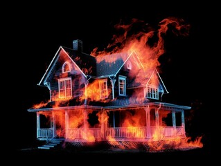AI generated illustration of a home engulfed in orange flames and smoke rising from the roof
