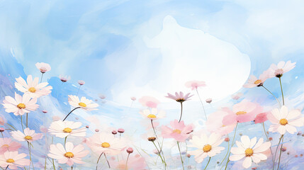 fondo pintado de flores de colores blanco, rosa, violetas, sobre fondo azul