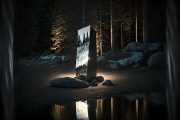 a large dented reflective shiny stainless steel monolith placed on the ground in an oldgrowth forest with two lights shining towards it at night long exposure dramatic lighting reflective light  - obrazy, fototapety, plakaty