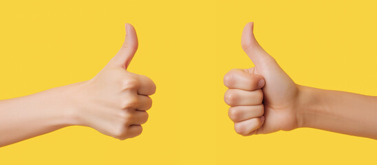 Two female hands showing thumbs up sign against yellow background
 - obrazy, fototapety, plakaty