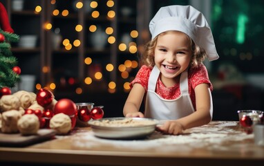 Happy funny little girl baking Christmas cookies on a kitchen at home. Generative AI