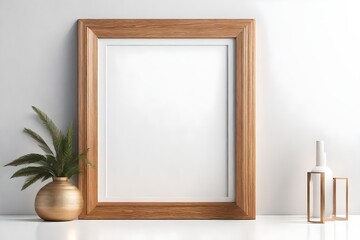 3d rendering Frame mock-up with empty space for picture. Portrait wooden frame standing against wall on white table indoors.