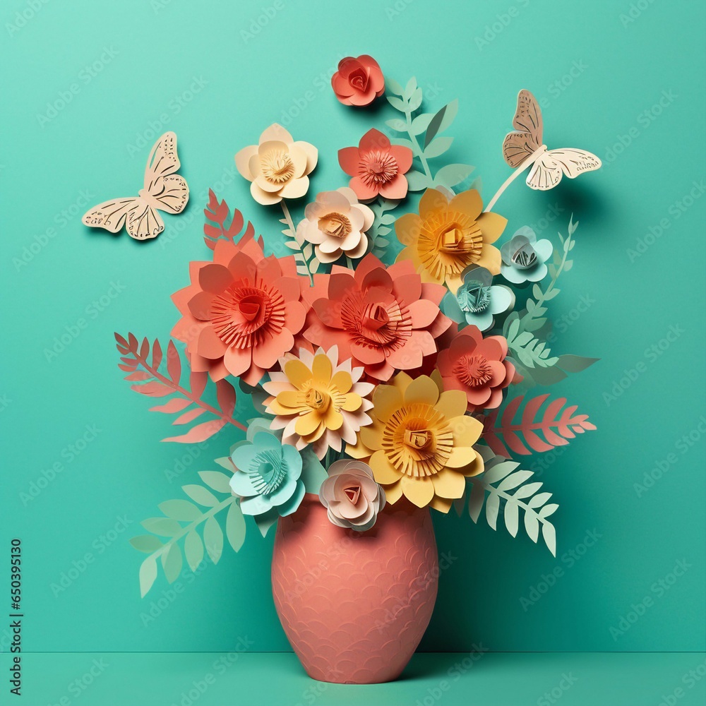 Sticker AI generated illustration of a vase with pink and white paper cutout butterflies and flowers