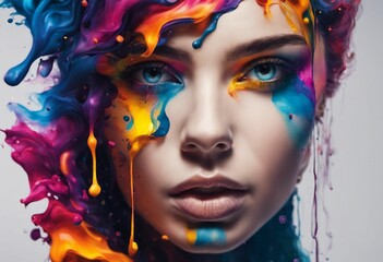 AI generated illustration of a woman with vibrant colorful makeup with splashes of paint