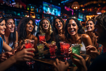 Mujeres celebrando en un bar con bebidas alcohólicas  - obrazy, fototapety, plakaty