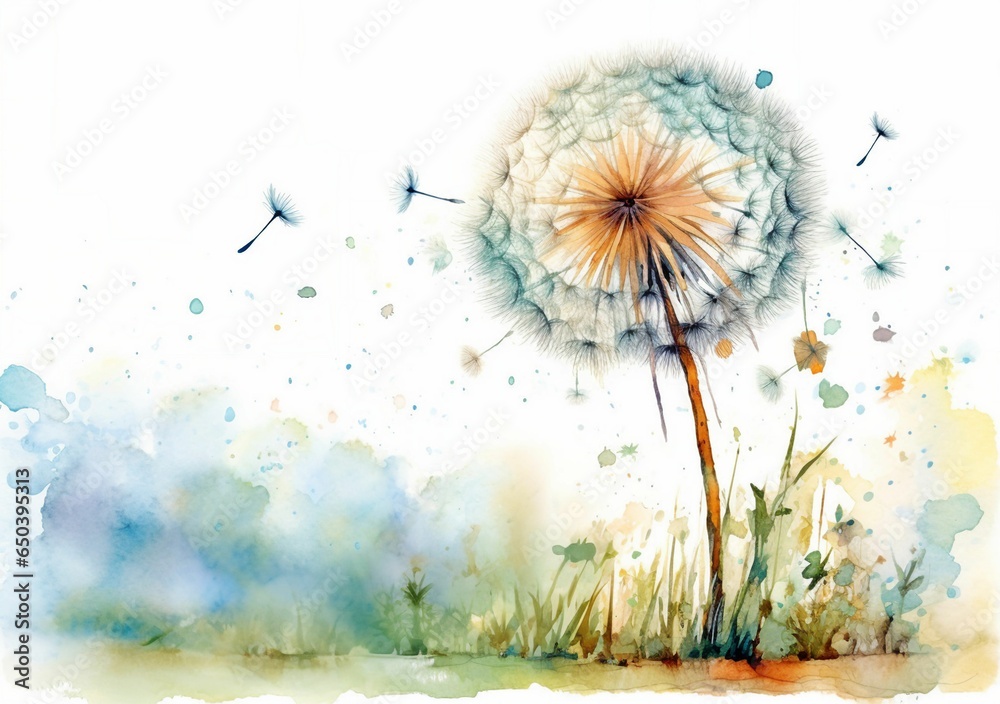 Poster AI generated illustration of a painting of a single dandelion in bloom