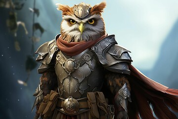 Majestic owl wearing a knight's outfit, AI-generated.