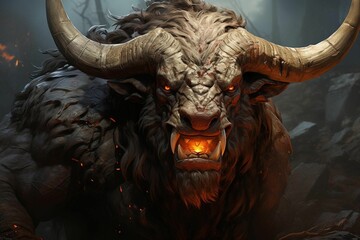 Bull standing in a foggy forest, its horns glinting in the light, AI-generated. - obrazy, fototapety, plakaty