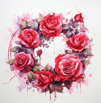 AI generated illustration of a vibrant, hand-painted wreath of red roses