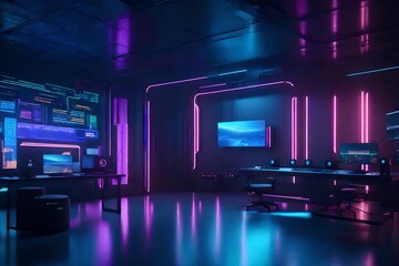 3d render Interior of a cyberpunk colorful streaming and gaming studio for streamers .