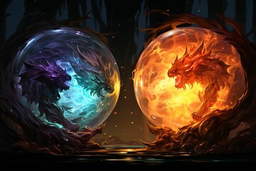 AI generated illustration of two mythical dragons in a dramatic battle inside blue and orange globes