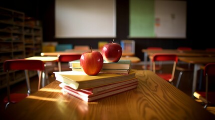 AI generated illustration of a pile of textbooks stacked in a neat formation on a desk