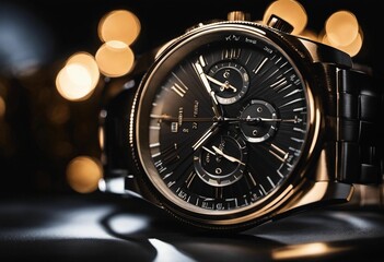 AI generated illustration of an elegant black wristwatch with golden details