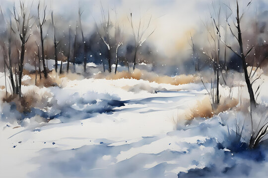 impressionist watercolor style painting of a winter rural landscape with bare trees and snow