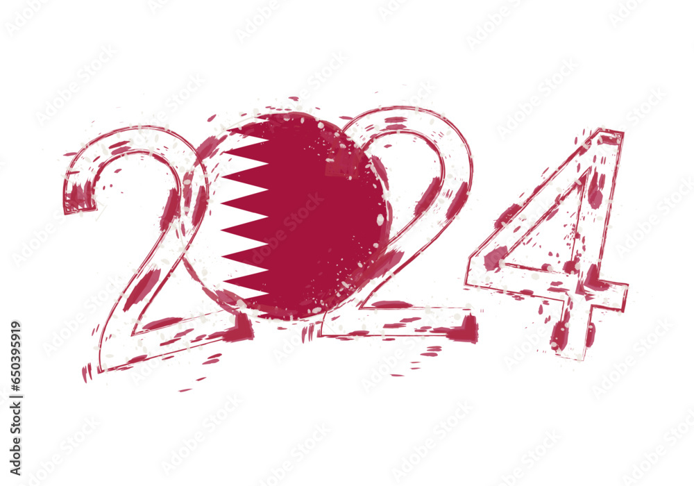 Wall mural 2024 year in grunge style with flag of qatar.