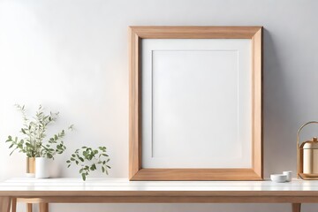 3d rendering Frame mock-up with empty space for picture. Portrait wooden frame standing against wall on white table indoors.