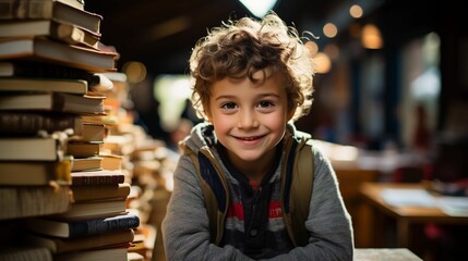 AI generated illustration of a cheerful little boy in a library, surrounded by a stack of books