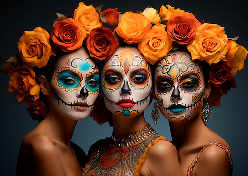 grupo de tres catrinas hermosas para el dia de los muertos 