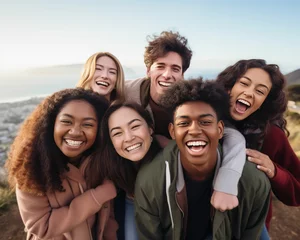 Afwasbaar Fotobehang Cappuccino Of happy diverse people standing in an outdoor rural setting smiling together. Ai generated